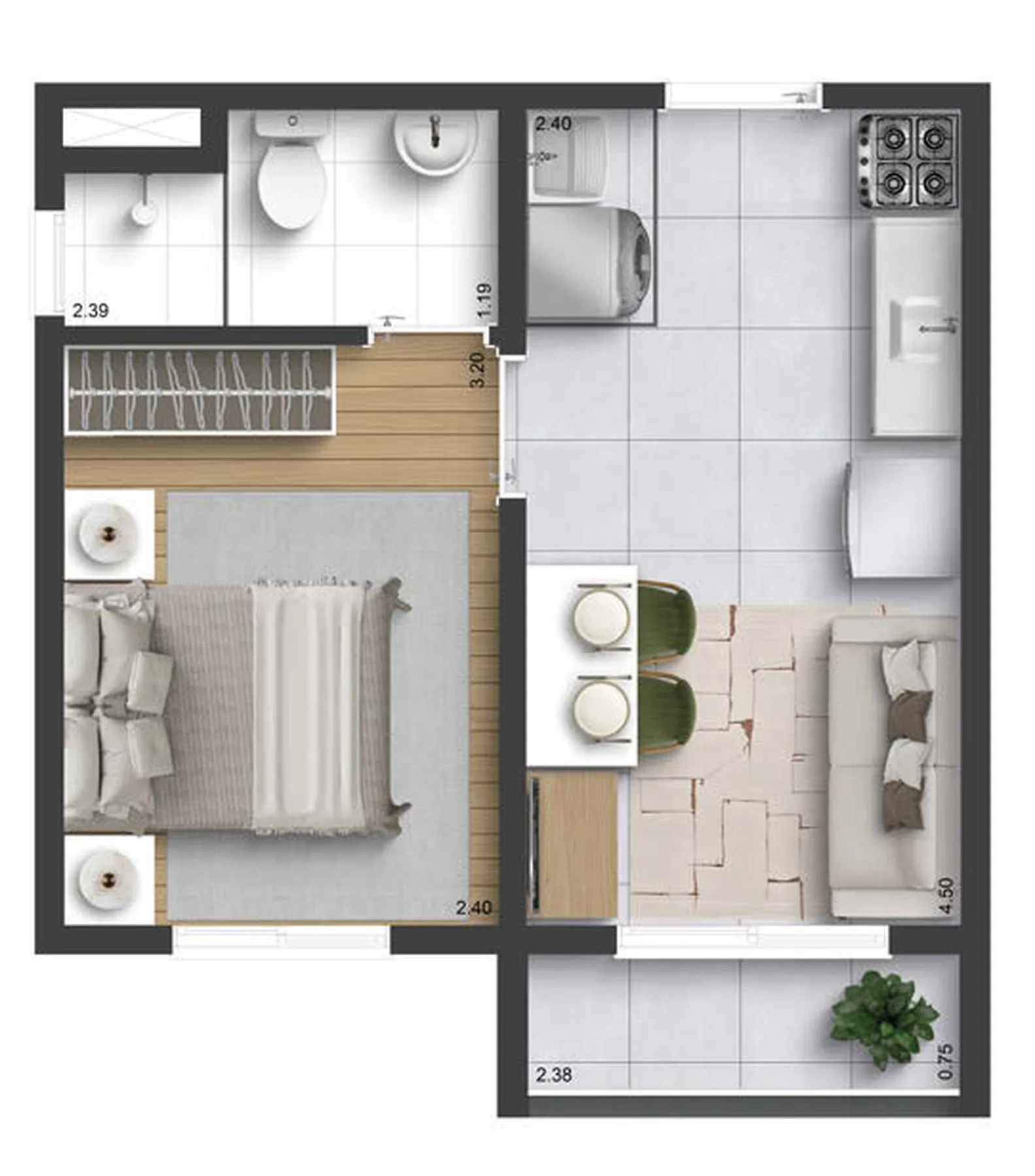 Planta do Plano&Mais Barra Funda Thomas Edison – Fase 1 em Barra Funda — 1 dormitório – 27,14 m²