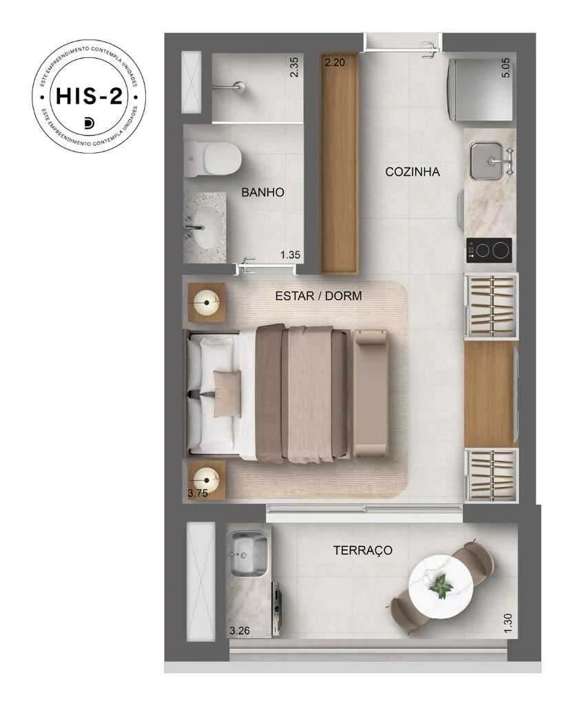 Planta do studio de 1 dormitorio de 27 m2 do Platinum Tatuape By Dialogo