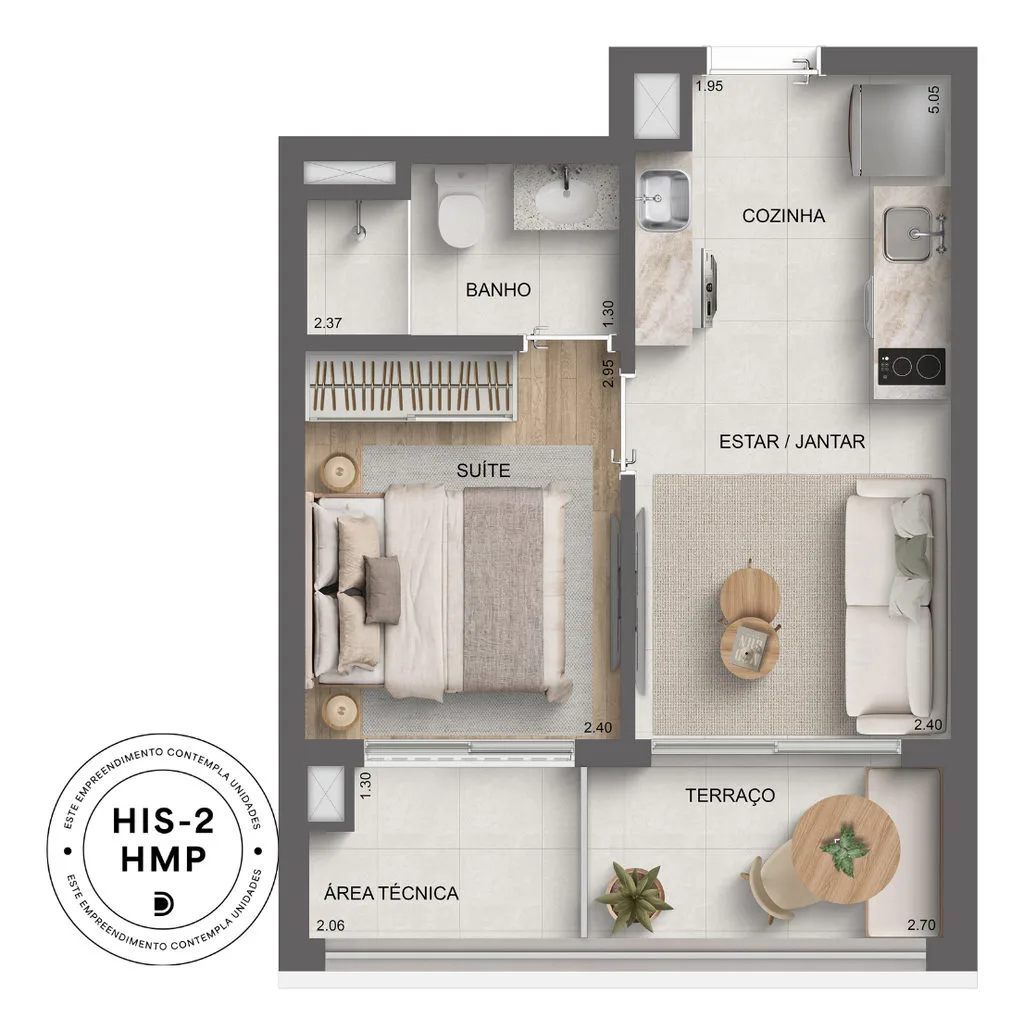 Planta do apartamento de 1 dormitorio de 33 m2 do Platinum Tatuape By Dialogo