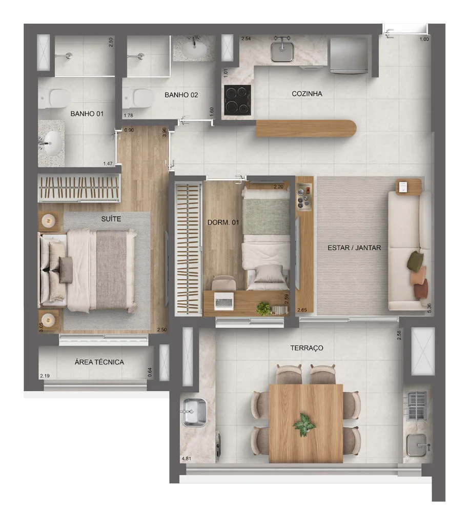 Planta do apartamento de 2 dormitorios de 61 m2 do Platinum Tatuape By Dialogo