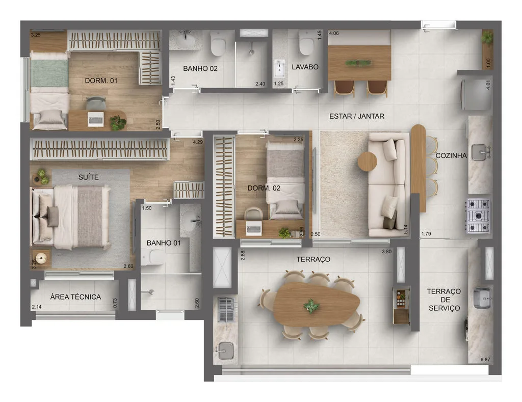 Planta do apartamento de 3 dormitorios de 93 m2 do Platinum Tatuape By Dialogo