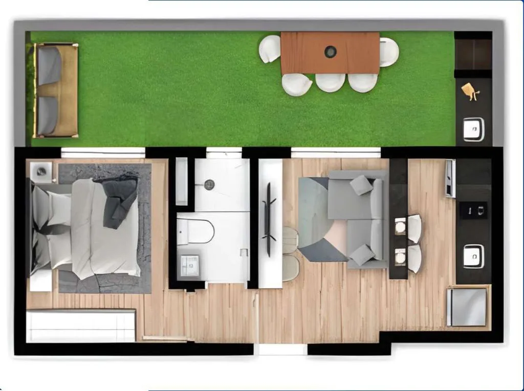 Planta garden de 38,44 m² do Ricost 224