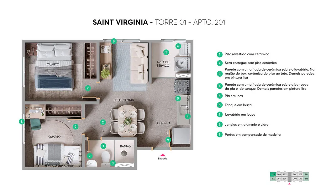 Planta de 2 dormitórios de 34,09 m² do Saint Virgínia Fase 2