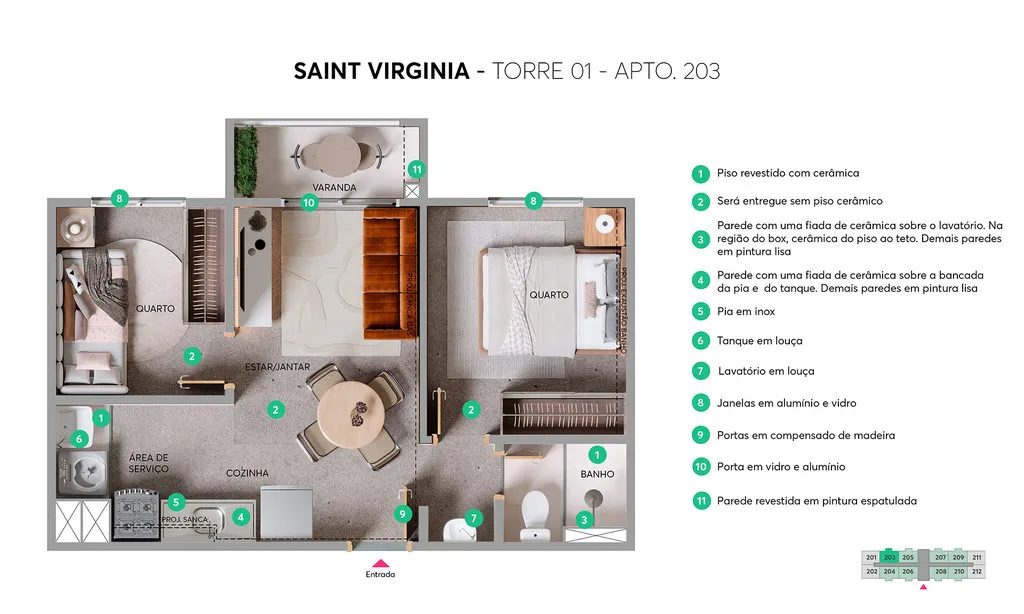 Planta de 2 dormitórios de 35,04 m² do Saint Virgínia Fase 2