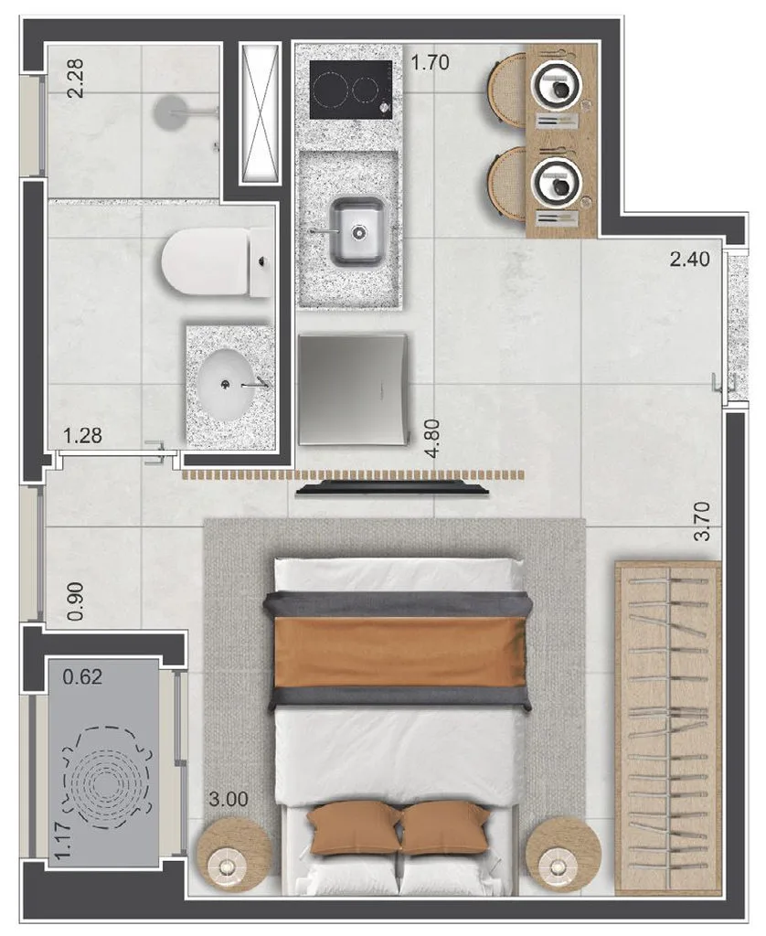 Planta de studio de 1 dormitório e 19 m² do Sarutaiá 45 Jardins