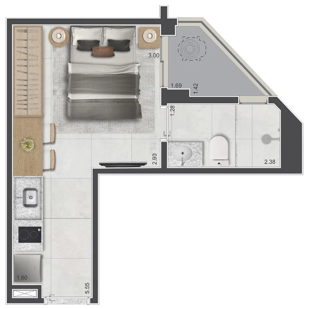 Planta de studio de 1 dormitório e 21 m² do Sarutaiá 45 Jardins