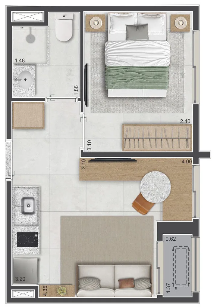 Planta de 1 dormitório e 27 m² do Sarutaiá 45 Jardins
