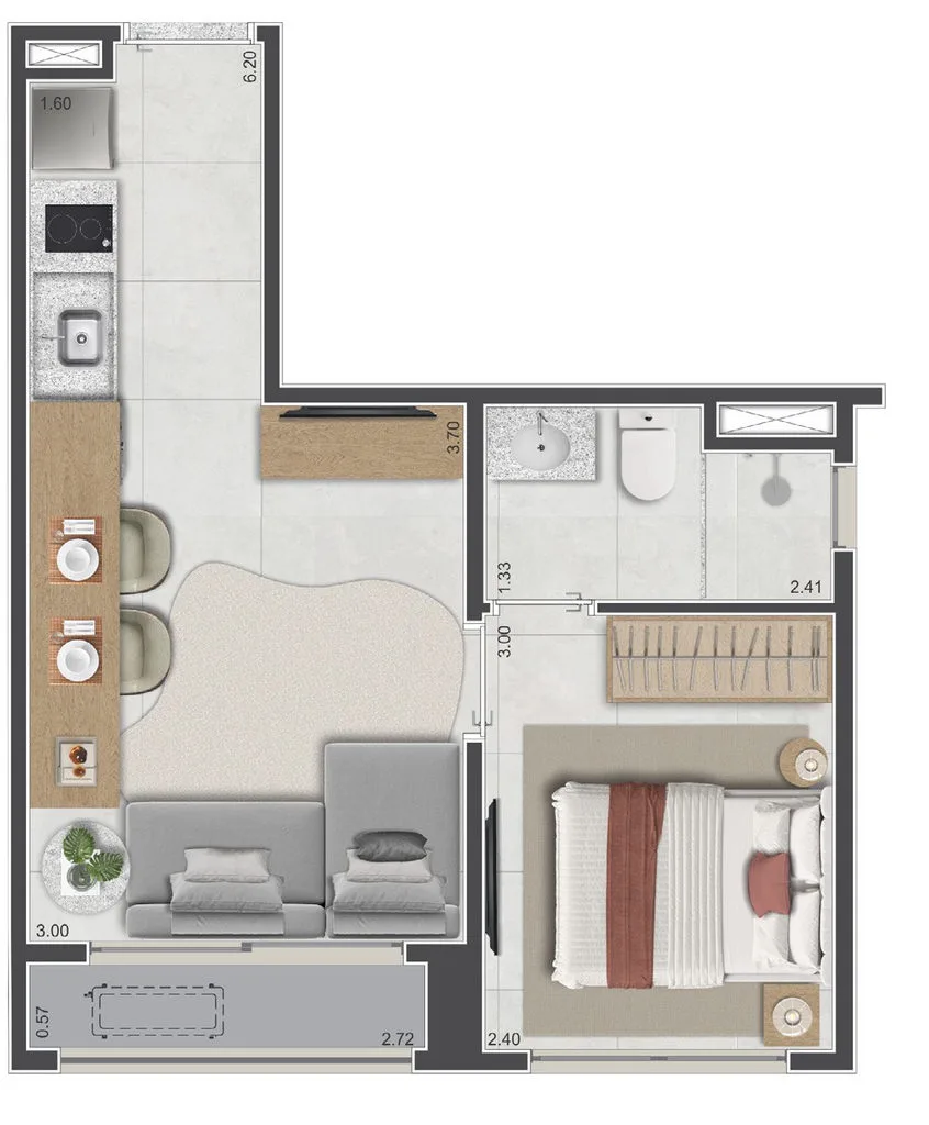 Planta de 1 dormitório com suíte e 31 m² do Sarutaiá 45 Jardins