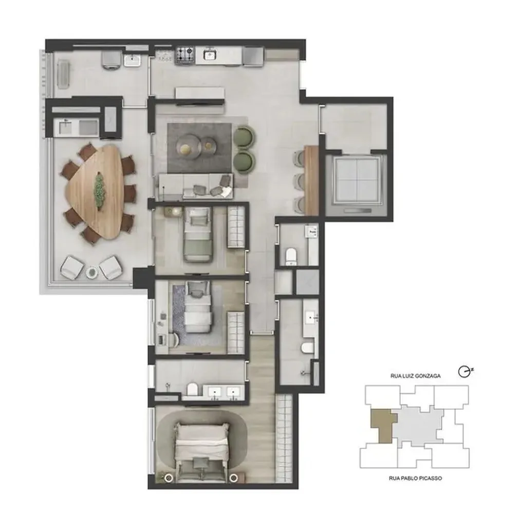 Planta do apartamento de 3 dormitórios e 122 m² do Sequoia
