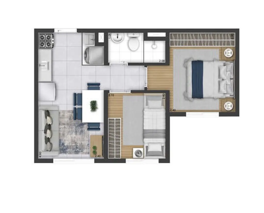 Planta do apartamento de 2 dormitorios de 32,98 m2 do Tikoa