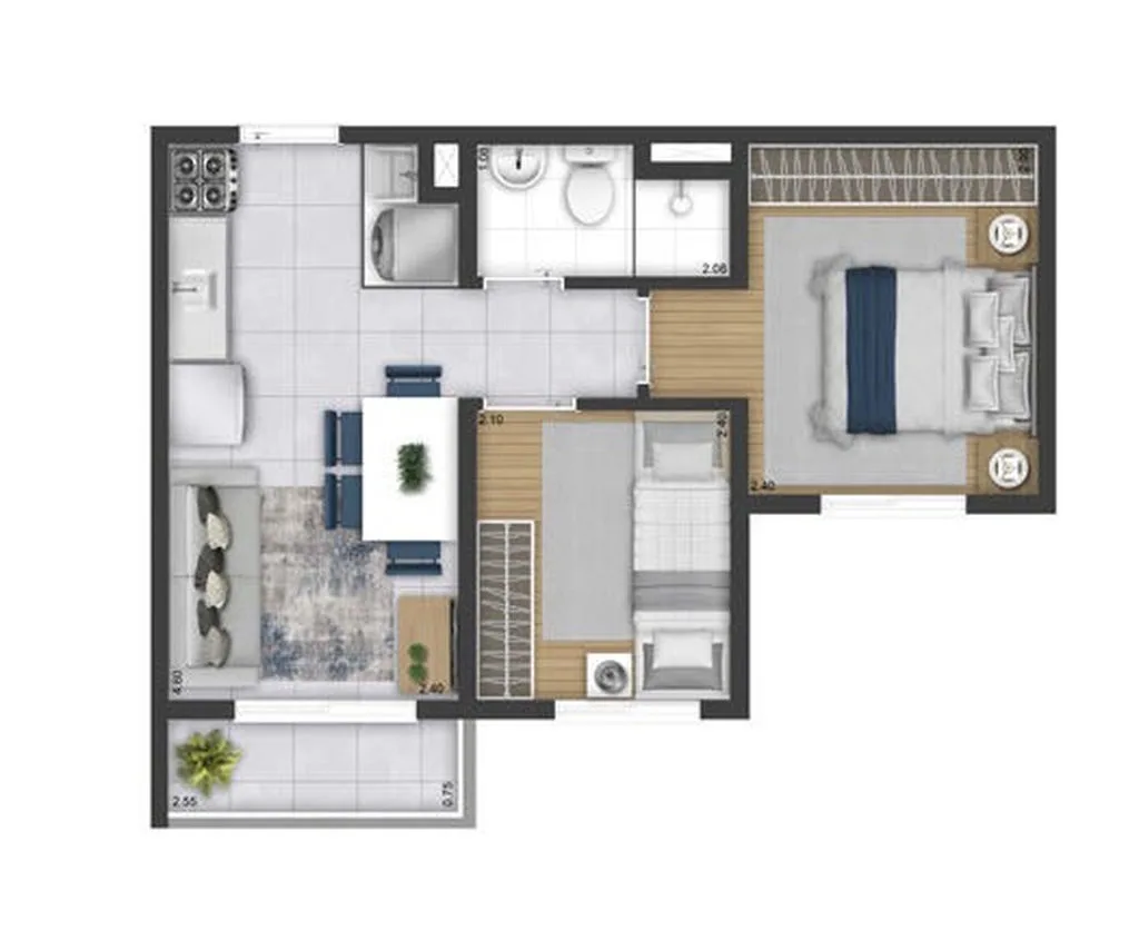 Planta do apartamento de 2 dormitorios de 34,50 m2 do Tikoa