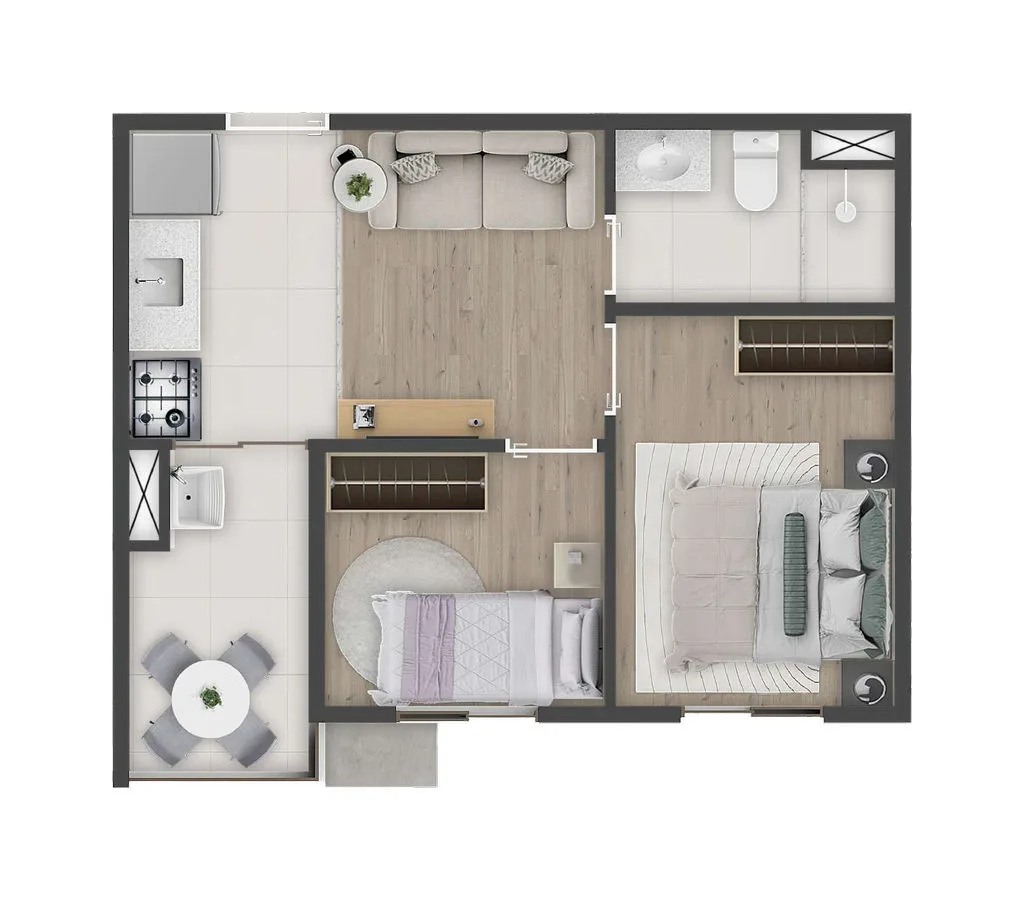 Planta de 35,27 m² com 2 dormitórios do Tuo Vila Prudente