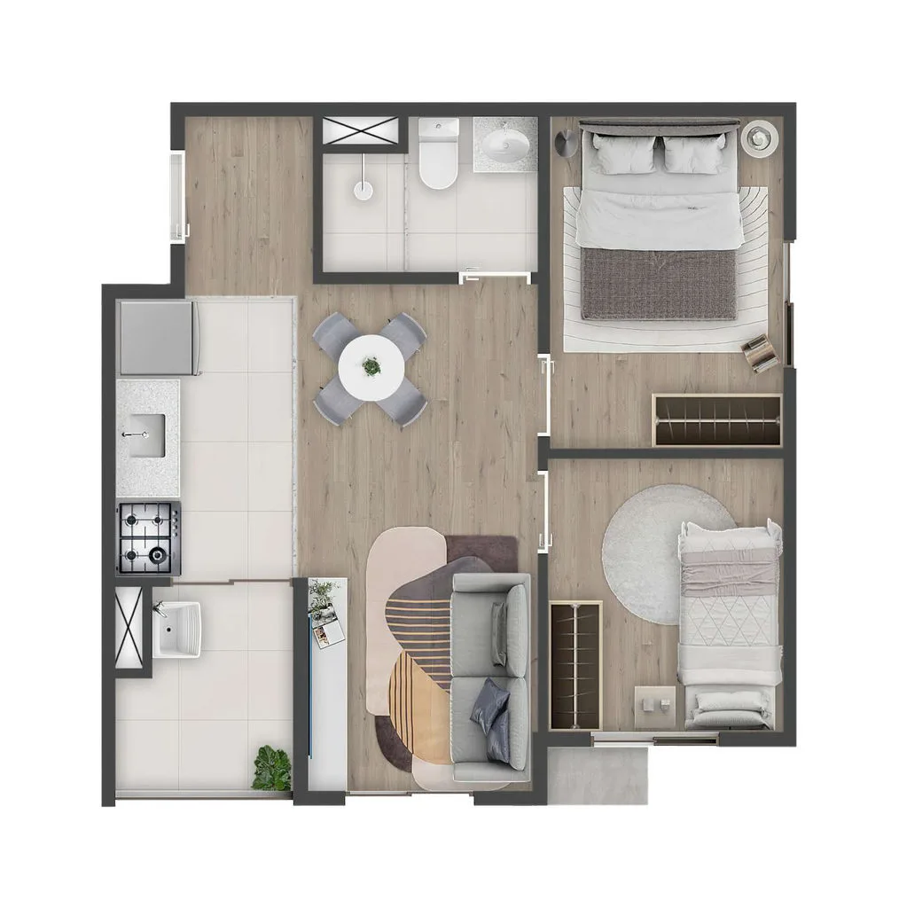 Planta de 38,59 m² com 2 dormitórios do Tuo Vila Prudente
