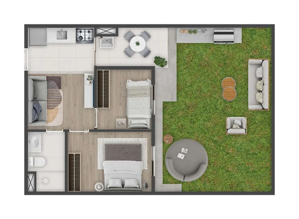 Planta garden de 65,14 m² com 2 dormitórios do Tuo Vila Prudente