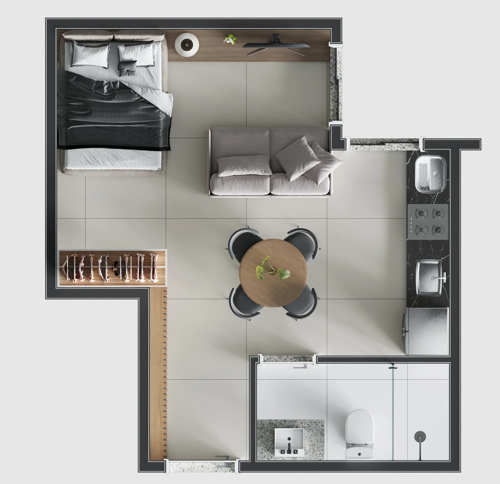 Planta do studio de 24,17 m² com 1 dormitório do Vértice Anália Franco
