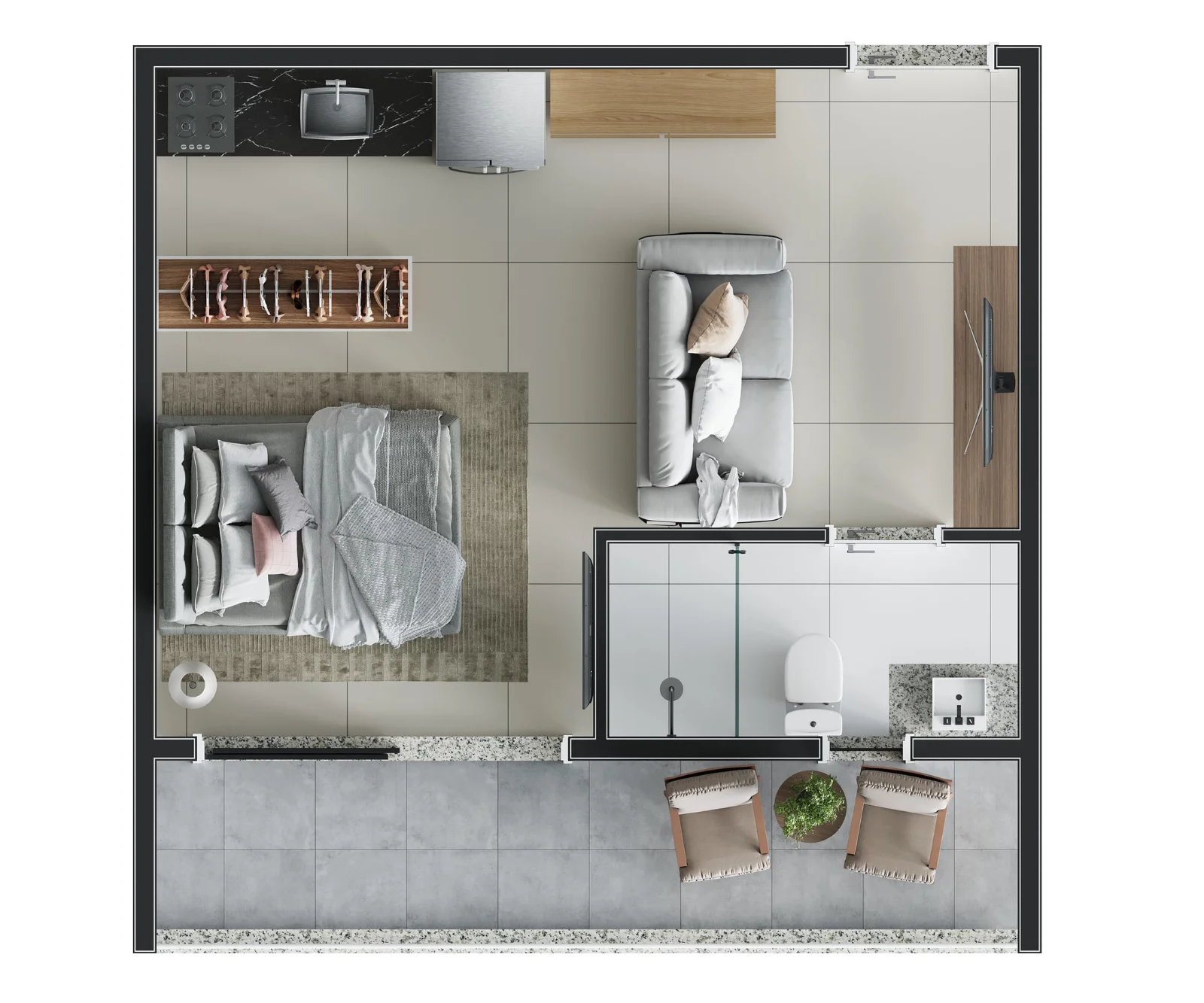 Planta do garden de 33,37 m² com 1 dormitório do Vértice Anália Franco
