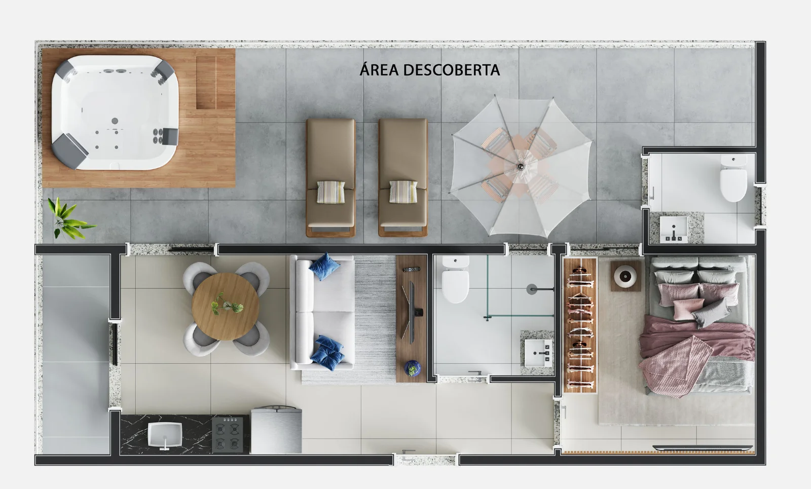 Planta do garden de 54,42 m² com 1 dormitório do Vértice Anália Franco