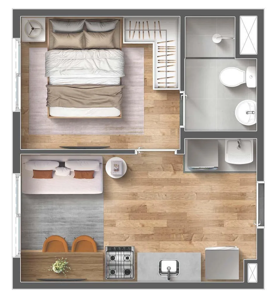 Planta do apartamento de 1 dormitorio de 23,88 m2 do Vibra Vila Romana