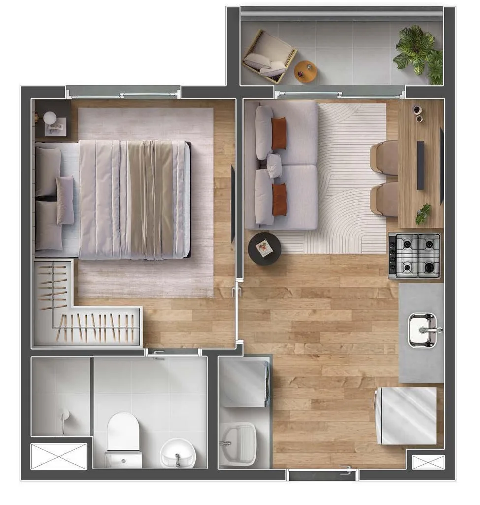 Planta do apartamento de 1 dormitorio de 26,42 m2 do Vibra Vila Romana