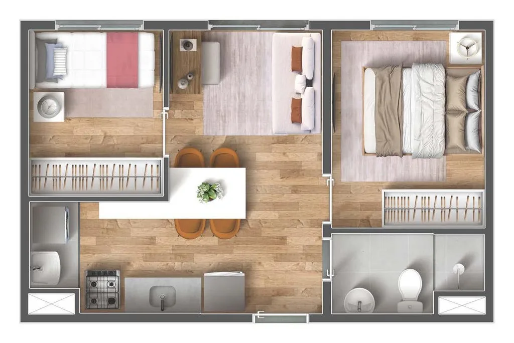 Planta do apartamento de 2 dormitorios de 34,15 m2 do Vibra Vila Romana