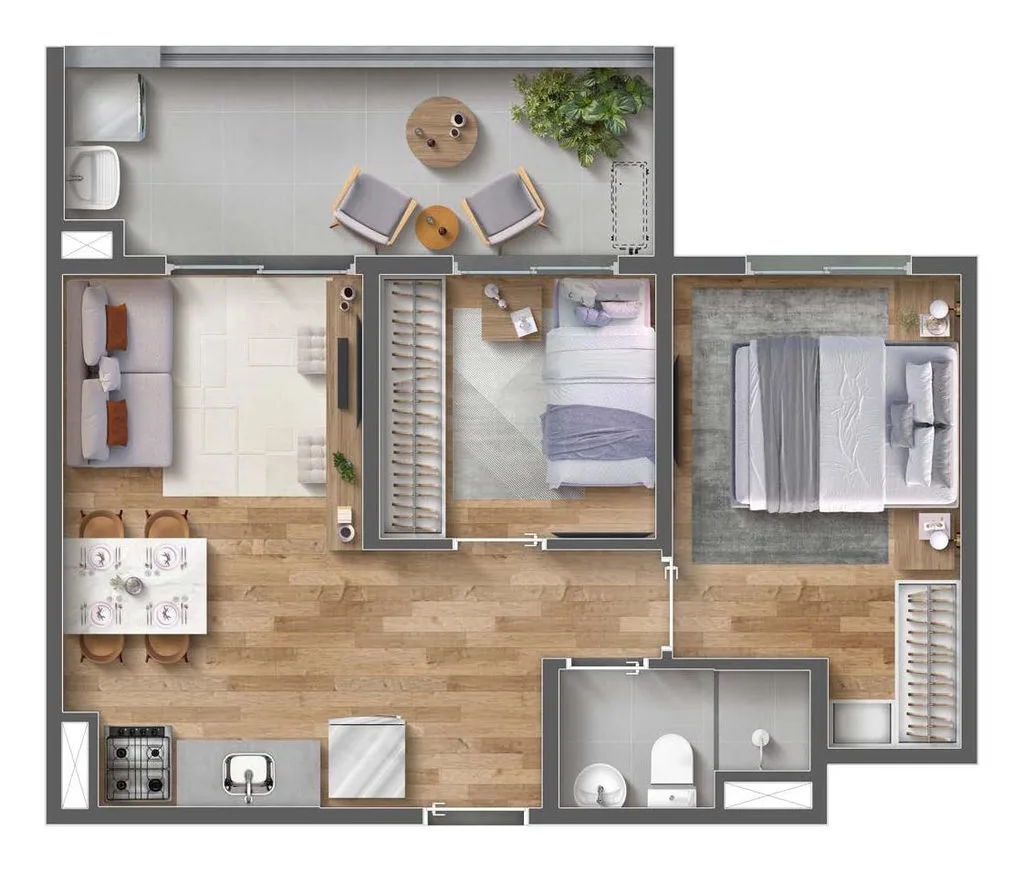Planta do apartamento de 2 dormitorios de 44,28 m2 do Vibra Vila Romana