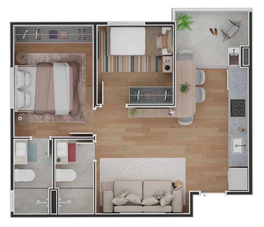 Planta de 44 m² com 2 dormitórios do Vila Clarice