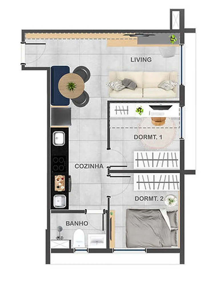 Planta de 40,88 m² com 2 dormitórios do Viva Mutinga