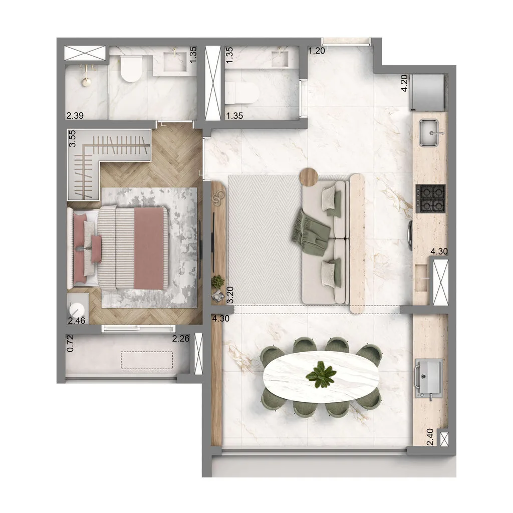 Planta de 1 dormitório de 48 m² do Well Home