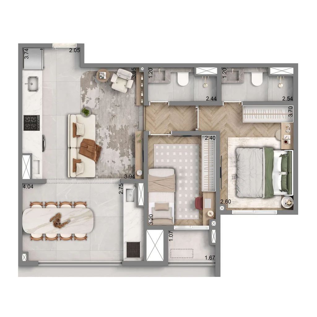 Planta de 2 dormitórios de 65 m² do Well Home