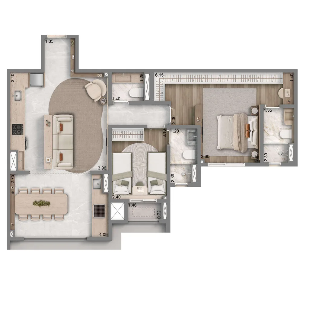 Planta de 2 dormitórios de 77 m² do Well Home