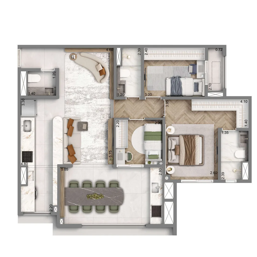 Planta de 3 dormitórios de 88 m² do Well Home