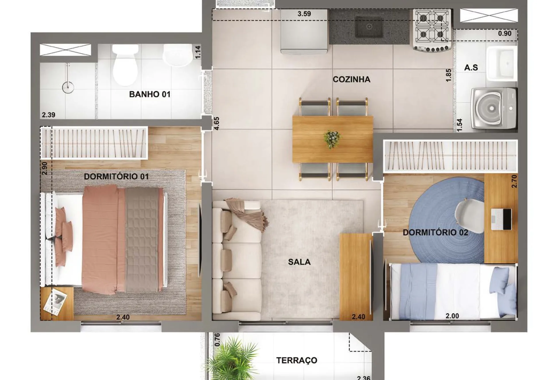Planta do WL Boa Vista em Santo Amaro — 2 dormitórios – 36,8 m²