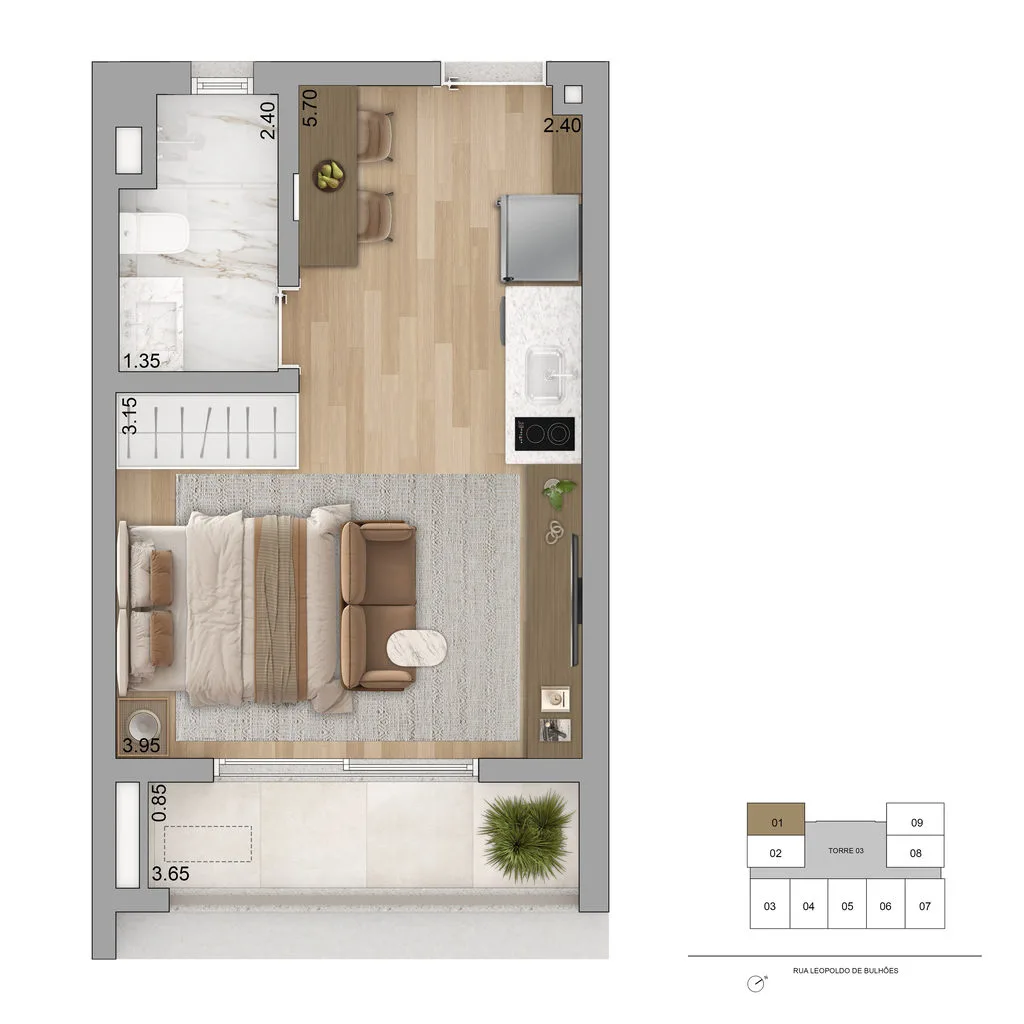 Planta do apartamento de 1 dormitorio de 30,25 m2 do Zen Apartments