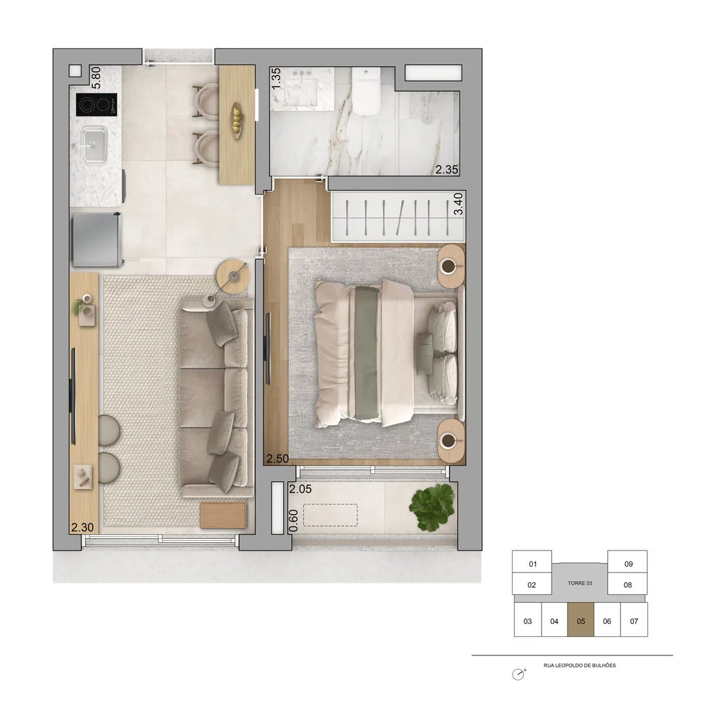 Planta do apartamento de 1 dormitorio de 31,20 m2 do Zen Apartments