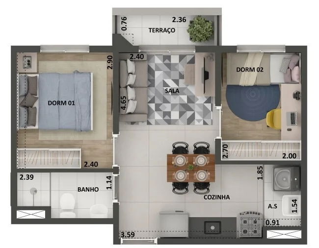 Planta do 360º Park View — 2 dormitórios – 37 m²