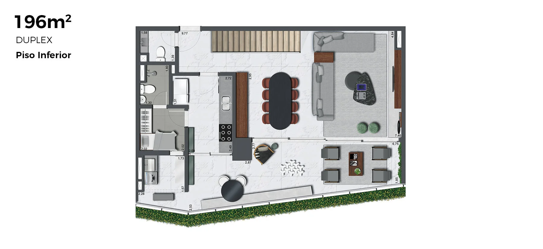 Planta do piso inferior do duplex de 196 m2 do Alameda Jardins, com living, sala de jantar, cozinha e terraco