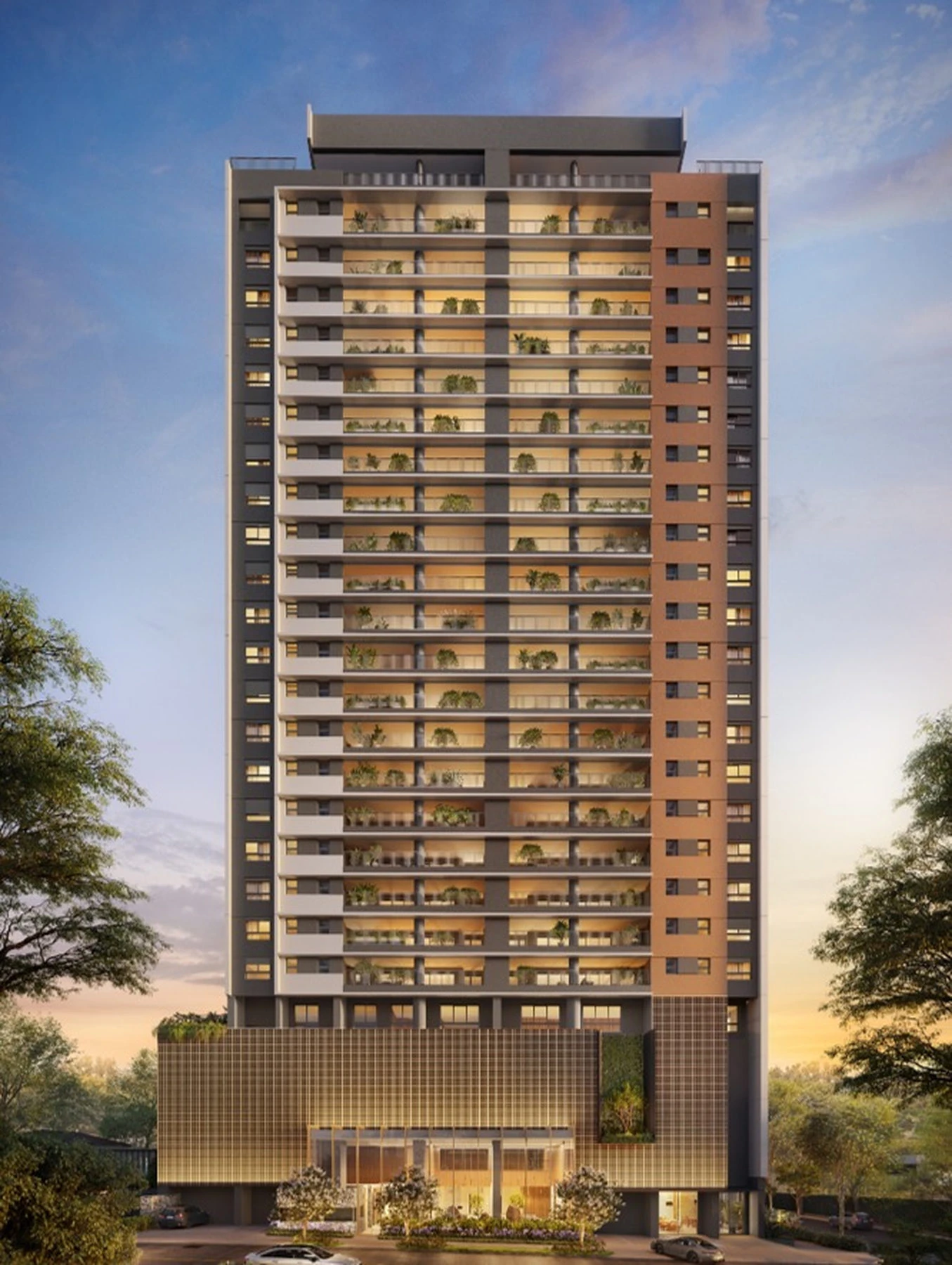 Fachada do Althea by Mitre ao entardecer, torre residencial com varandas ajardinadas e embasamento revestido, na Rua Morais de Barros, Campo Belo
