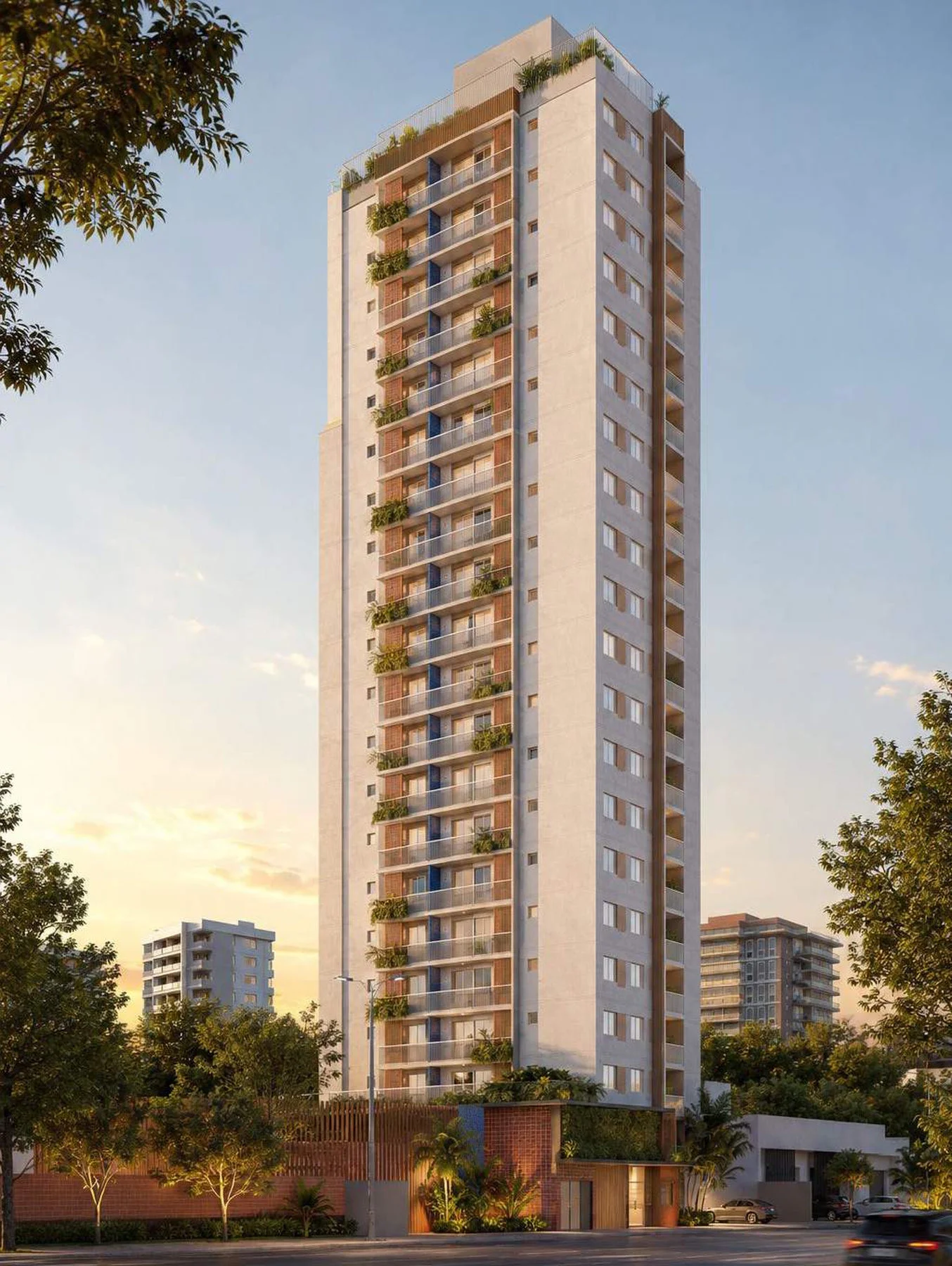 Fachada do Amaná Brooklin, torre residencial com varandas verdes no Jardim das Acácias, São Paulo