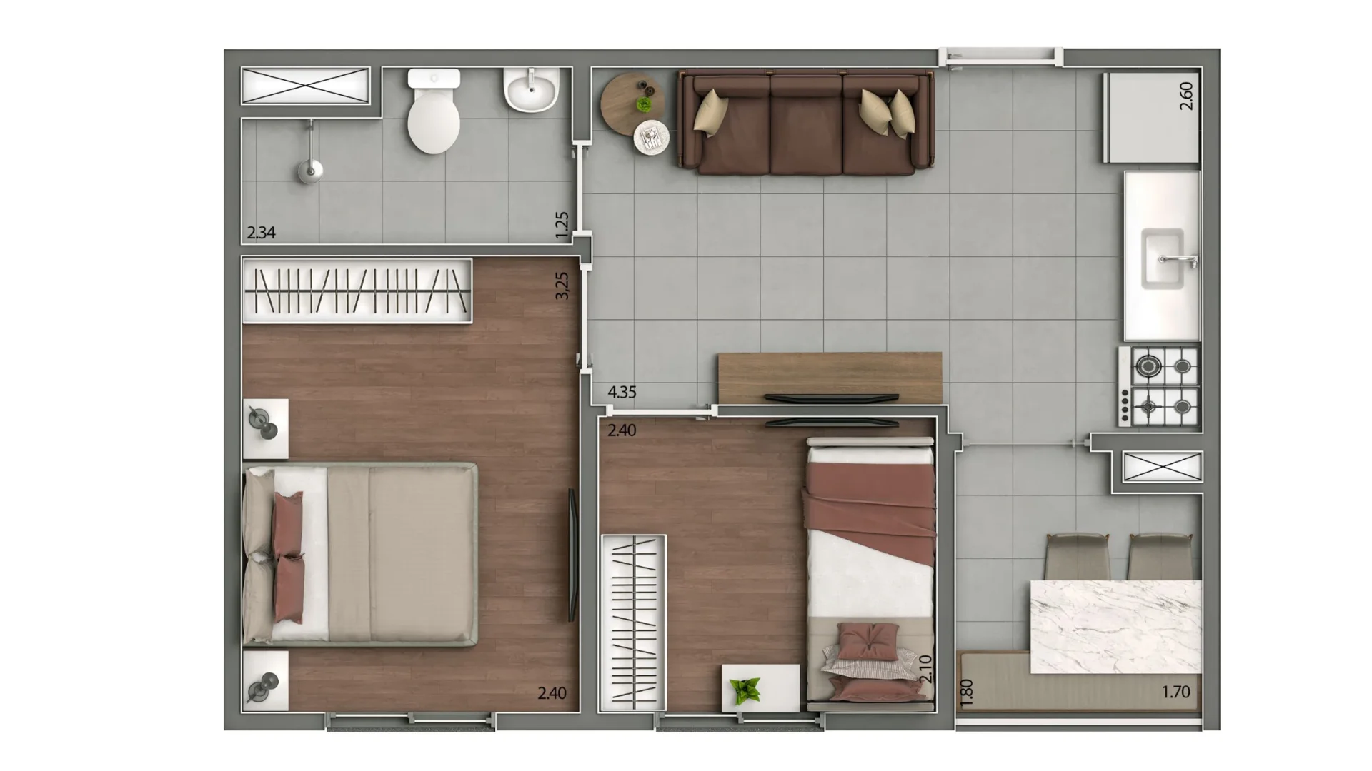 Planta de 2 dormitórios de 33 m² do Arena Kazzas Itaquera 4