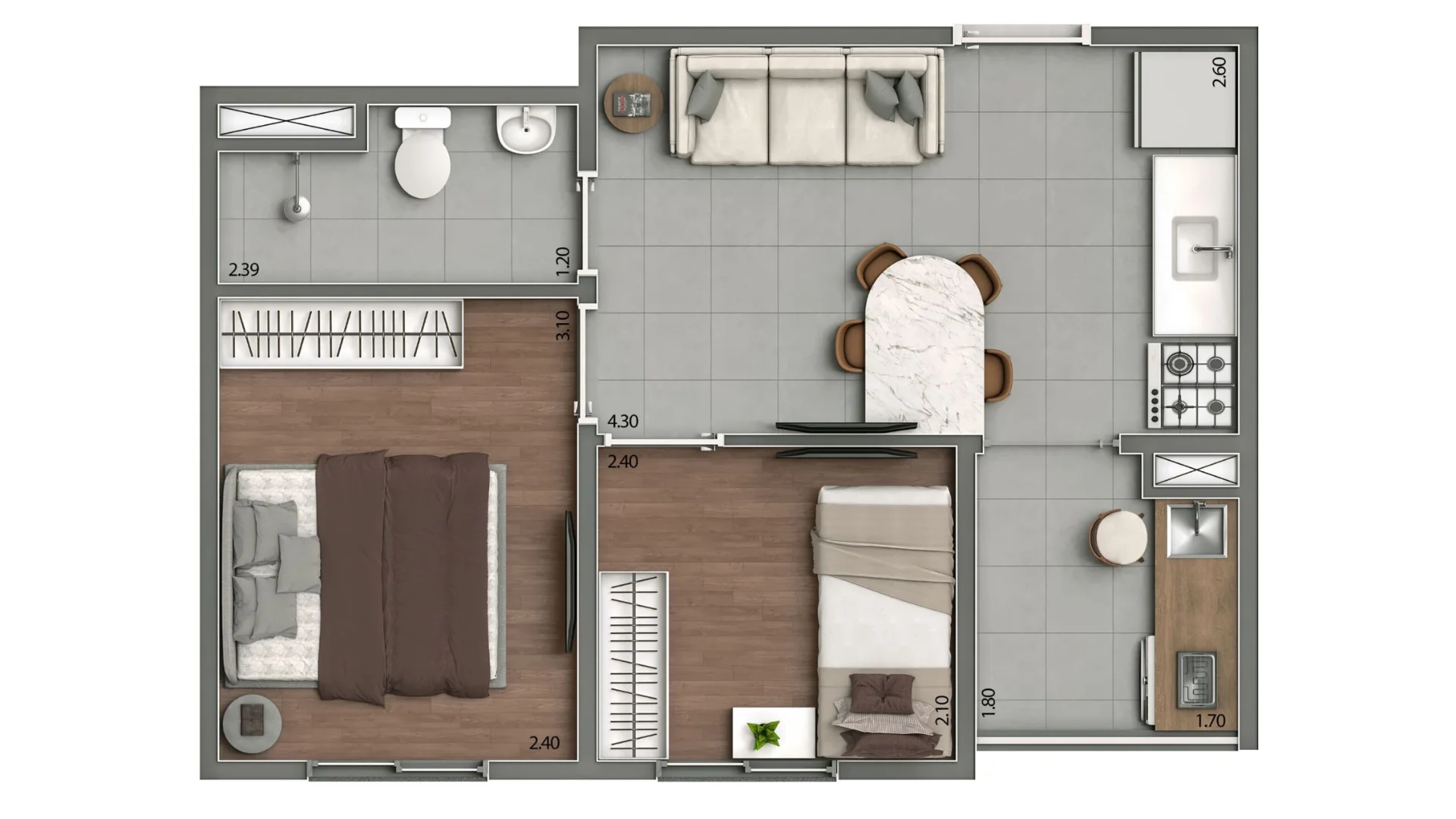 Planta de 2 dormitórios de 34 m² do Arena Kazzas Itaquera 4