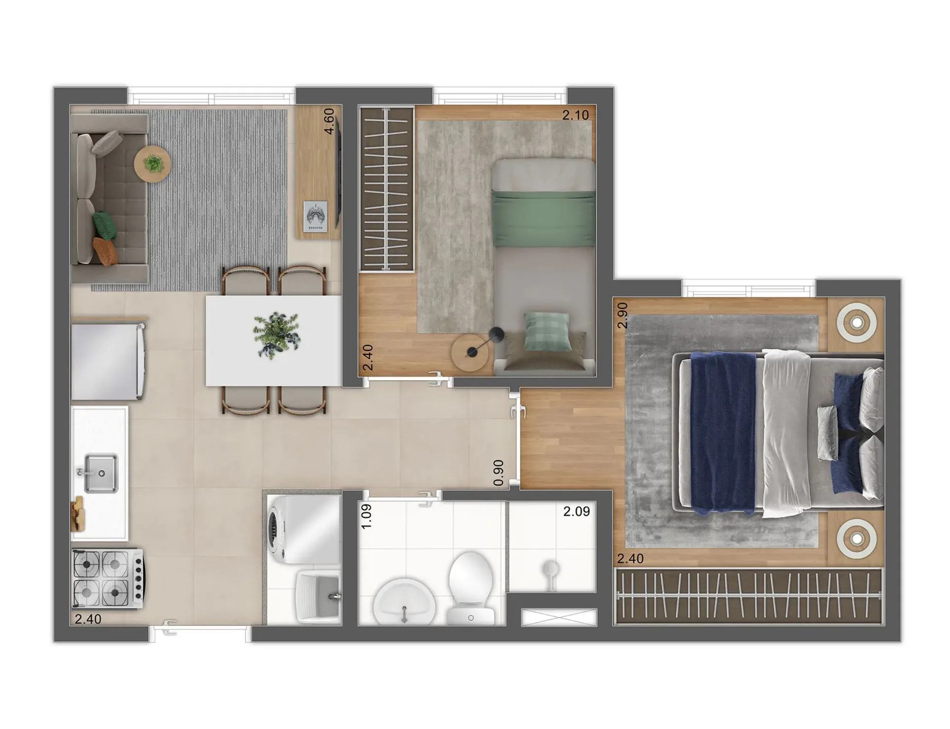 Planta do Ares do Horto Pau Brasil — 2 dormitórios – 34,45 m²