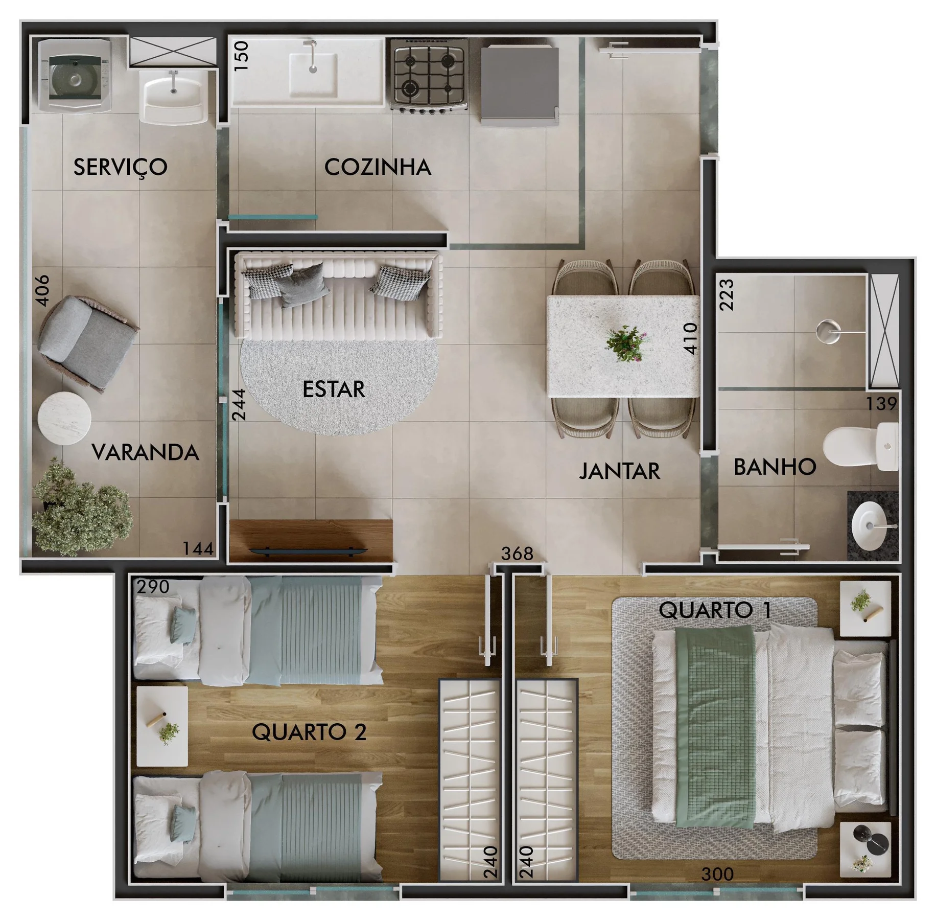 Planta de apartamento de 2 dormitórios e 41,77 m² do Atlas Sacomã, com varanda
