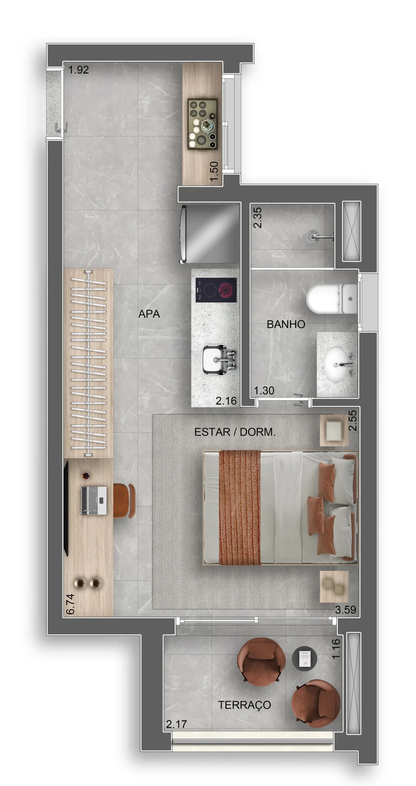 Planta do Auge Resort Tatuapé Home Spaces em Vila Azevedo — 1 dormitório – 29 m² Studio