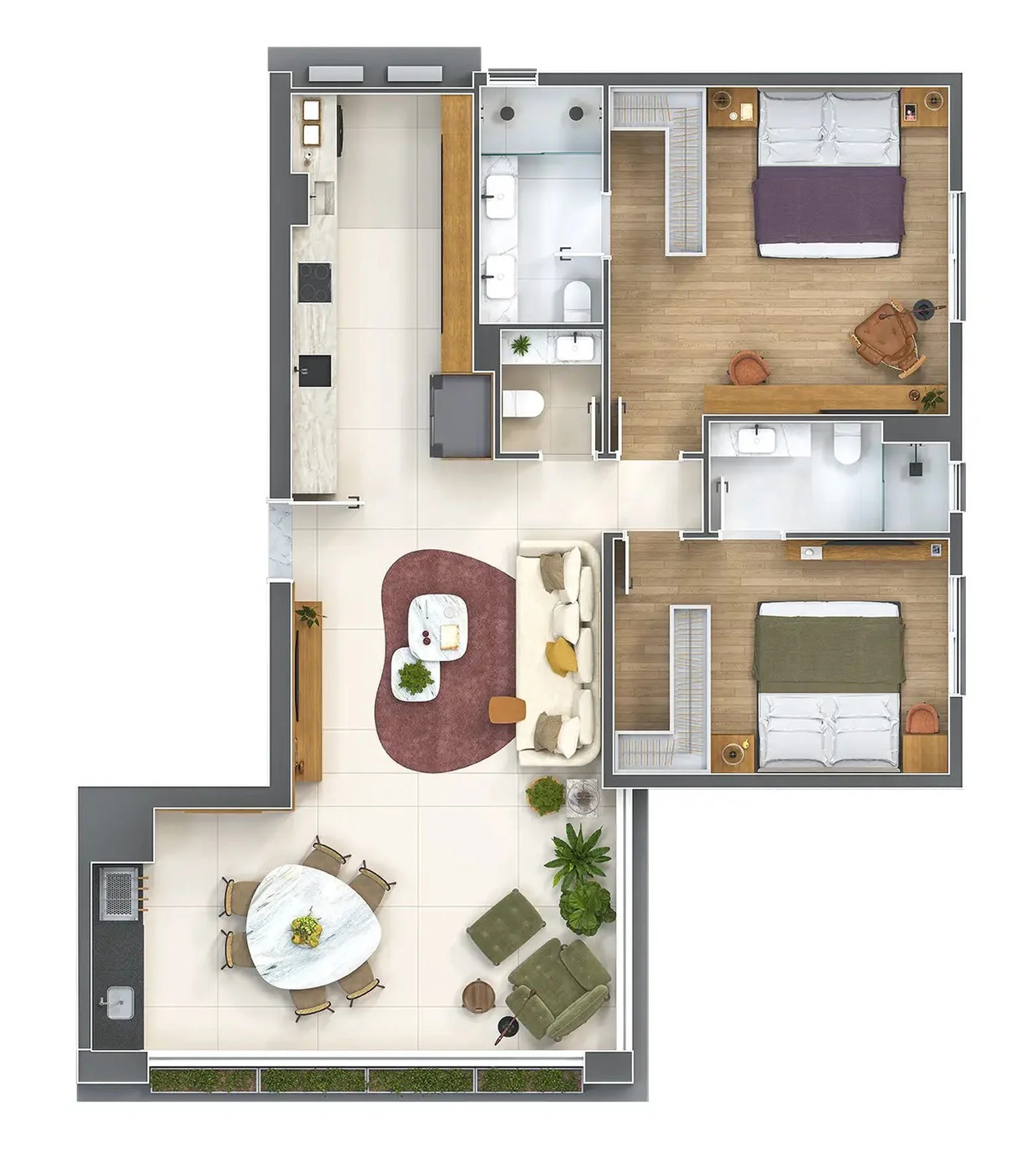 Planta de 2 dormitórios de 92 m² do Auralis