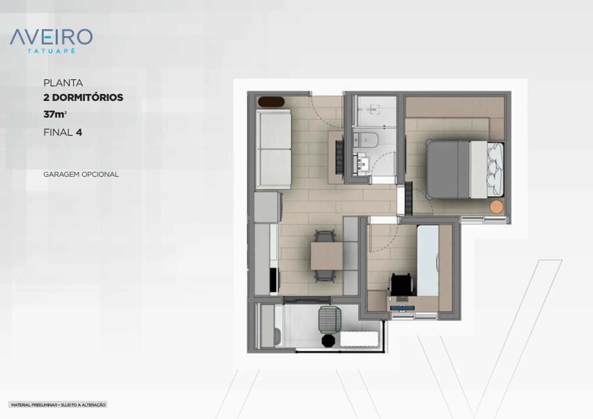 Planta de 2 dormitórios de 37 m² do Aveiro Tatuapé, final 4