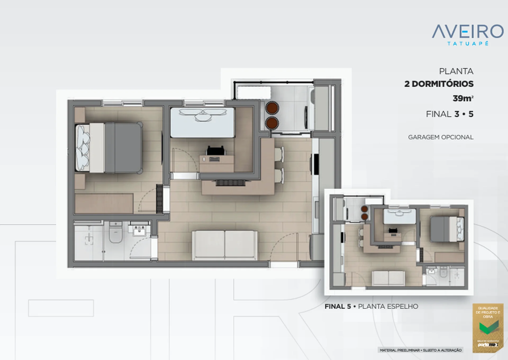 Planta de 2 dormitórios de 39 m² do Aveiro Tatuapé, finais 3 e 5