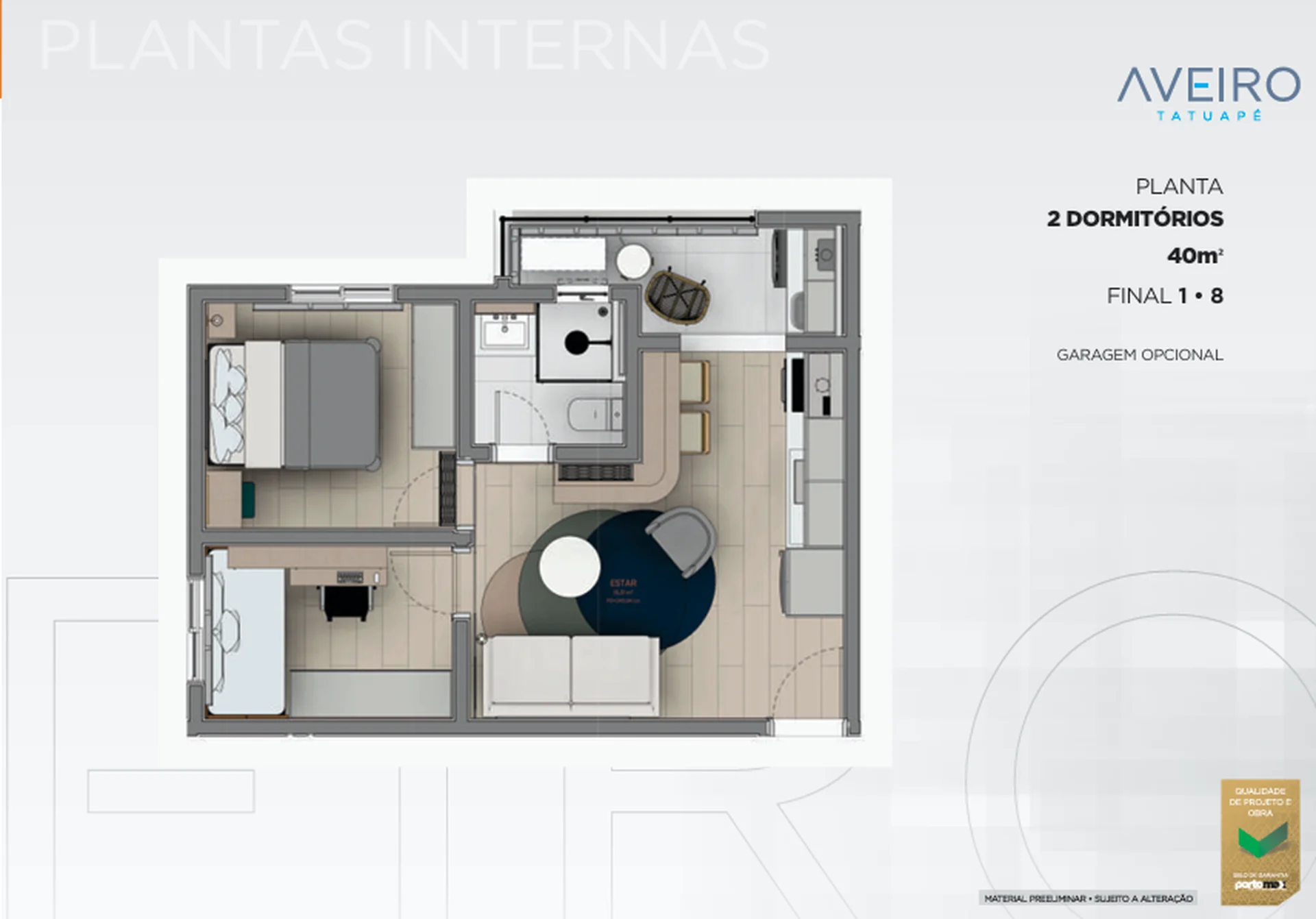 Planta de 2 dormitórios de 40 m² do Aveiro Tatuapé, finais 1 e 8