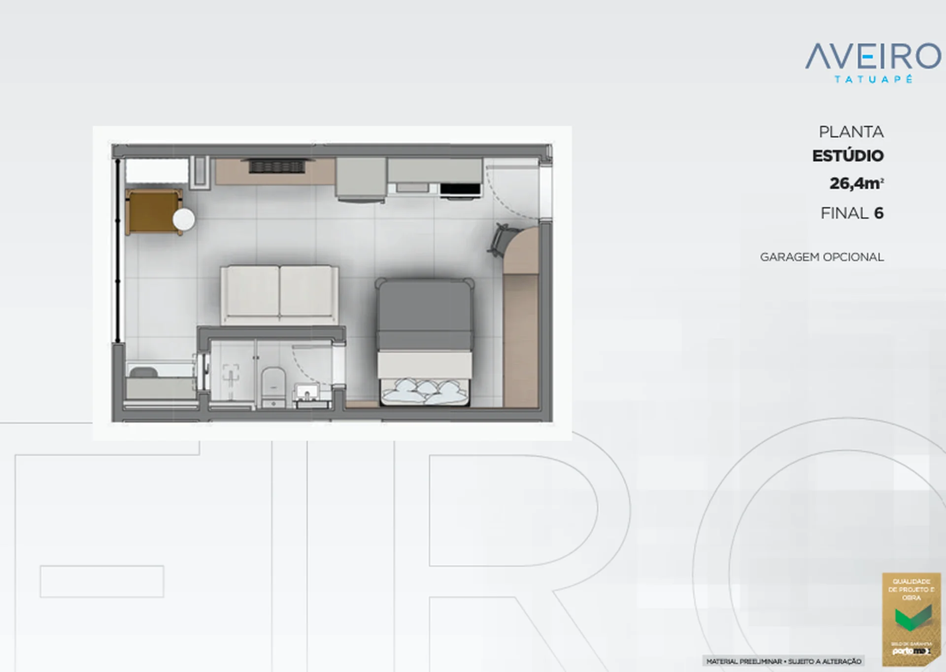 Planta do estúdio de 26,4 m² do Aveiro Tatuapé, final 6