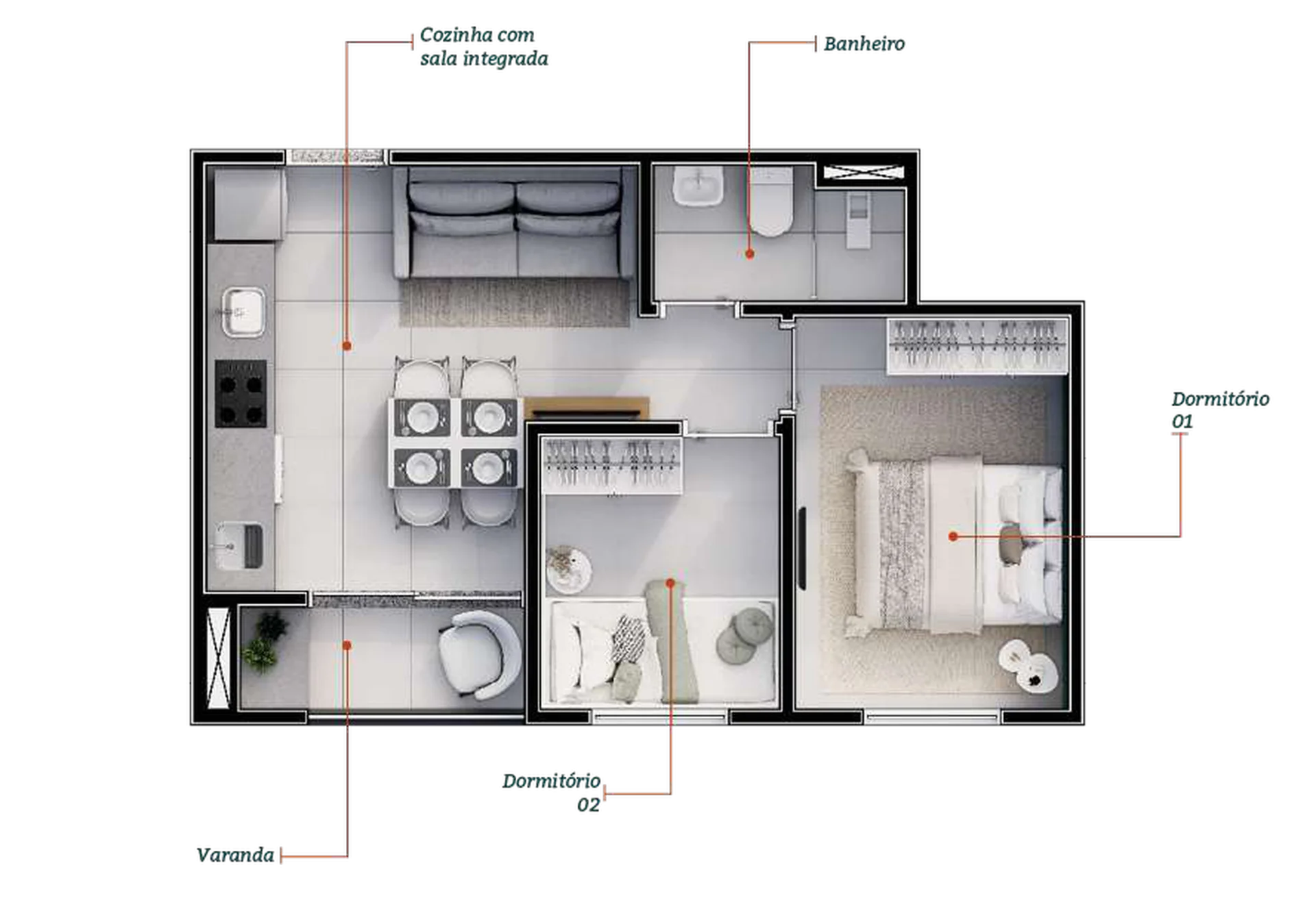 Planta do apartamento de 2 dormitórios e 37 m² do Boulevard Cantareira