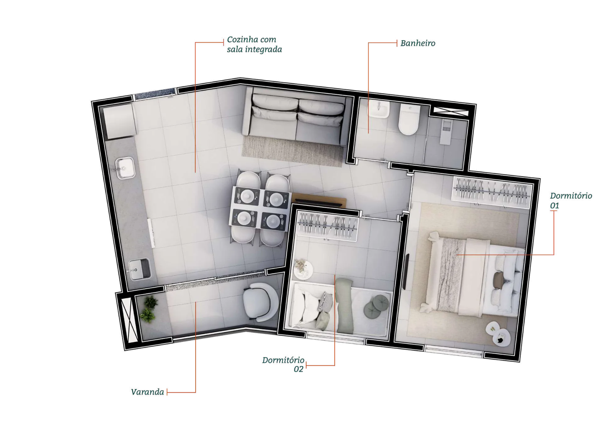 Planta do apartamento de 2 dormitórios e 41 m² do Boulevard Cantareira